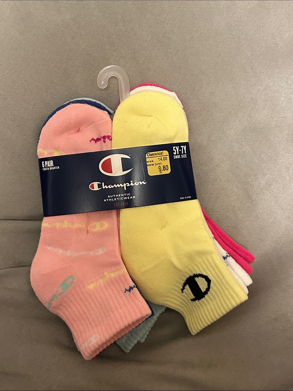 Champion Youth Crew Socks - Yellow & Pink Mix (6-Pack)